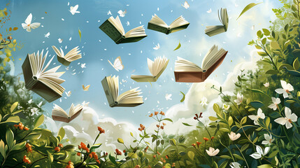 Illustration for your books for spring recommendations : Various books are flying through a typical blossoming spring landscape