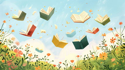 Illustration for your books for spring recommendations : Various books are flying through a typical blossoming spring landscape