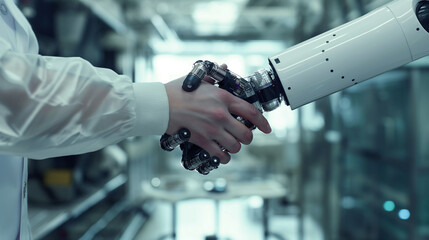 Handshake between human and robot in a research lab, working together for success - Concept about tech innovation, machine learning progress and partnership with future Artificial General Intelligence
