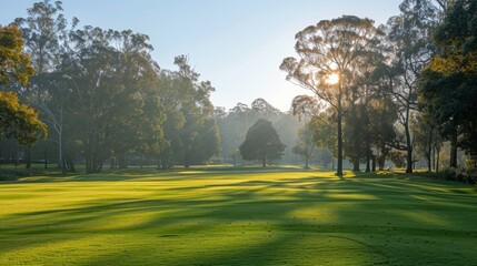 Naklejka premium Lush green lawn with trees in the soft morning light at Horsham Botanic Gardens in VIC, Australia., generated with AI