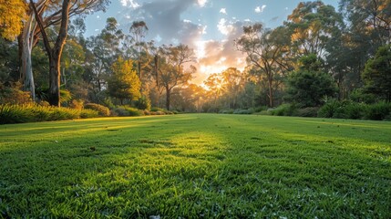 Lush green lawn with trees in the soft morning light at Horsham Botanic Gardens in VIC, Australia. , generated with AI