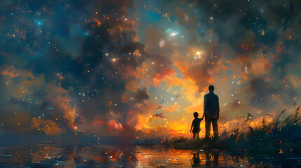 Father and Son Stargazing Together, Beautiful Colorful Illustration