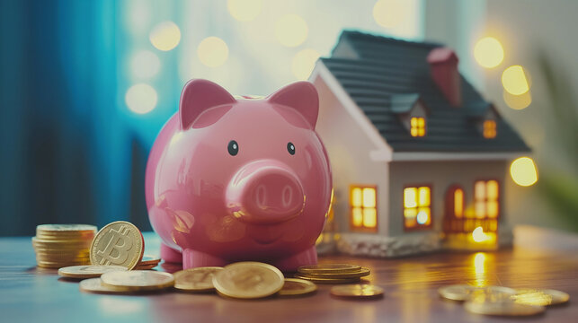 Pink piggy bank next to gold coins and house property, real estate investment, savings, budget and home loan, mortgage, ownership