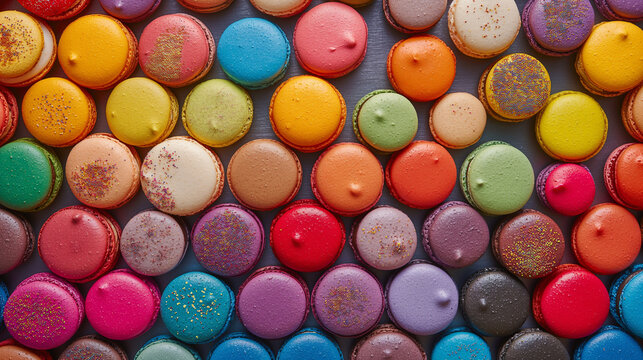 Full frame image of many colorful French macaroons from directly above. banner, background