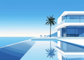 Fototapeta na wymiar Minimalist vector art of the front view of an infinity pool with white modern mansion, palm tree and blue sky , generated with AI