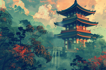 Traditional history asian Japanese Chinese temple building tower garden nature outdoor background. Graphic Art