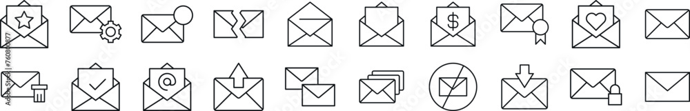 Poster collection of thin line icons of envelope. editable stroke. simple linear illustration for web sites