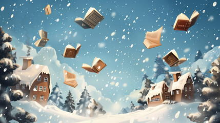 Illustration for your books for winter recommendations : Various books are flying through a typical snowy winter landscape