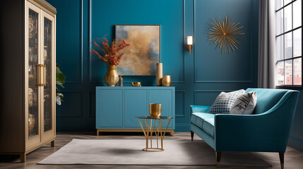 Sophisticated Blue Living Room Design with Luxurious Textures and Golden Decorative Elements