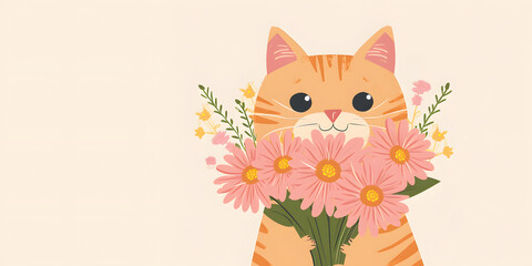 a red kitten holds a bouquet of flowers on a beige background,a place for text,a flat illustration, a concept for advertising pet products, greeting cards and festive design