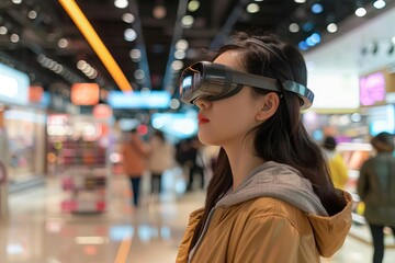 Augmented reality shopping experience in a retail store Where customers use ar glasses to visualize products in 3d before making a purchase. - obrazy, fototapety, plakaty