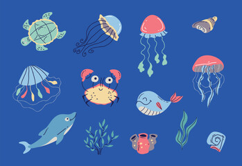 Sea bottom with creature animals fish and plants. Underwater marine flat cartoon graphic design illustration