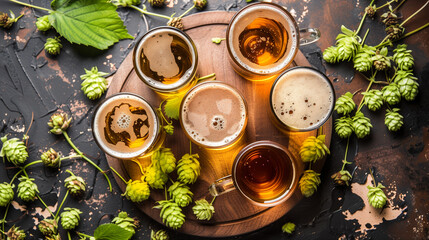 Top down view on a variety of beers neatly placed on a wooden table, ready for a craft beer tasting event