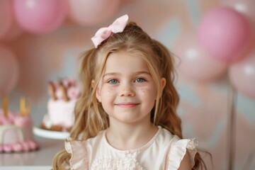 Cute girl with brown hair in a pastel pink dress. Birthday girl. Pink balloons, cake. Holiday