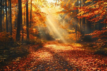 Autumnal forest pathway Covered in fallen leaves With rays of sunlight piercing through the vibrant foliage.