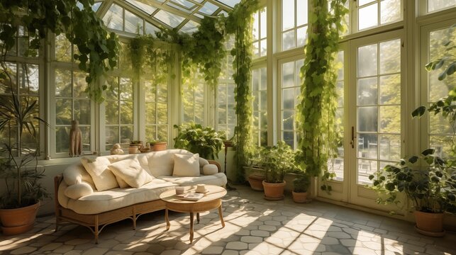 Sunroom highlighting indoor vines and trailing greenery.