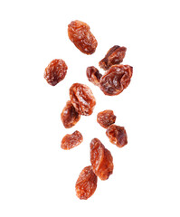 Delicious raisin close up in the air isolated on a white background
