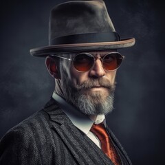 Portrait of a brutal stylish man with a beard in a classic costume and a hat on a dark background. Man in classic formal clothes and glasses closeup. Adult male style. - 760802019