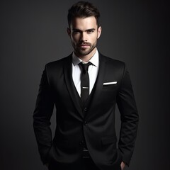 Portrait of a brutal stylish man with a beard in a classic costume on a dark background. Man in classic formal clothes closeup. Concept of successful adult male style. - 760802042