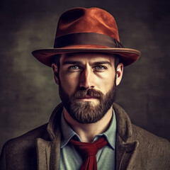 Portrait of a brutal stylish man with a beard in a classic costume and a hat on a dark background. Man in classic formal clothes closeup. Adult male style. - 760802043