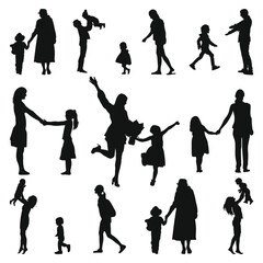 A mother and child holding hands walking together silhouette black filled vector Illustration icon. Set of Mother's and Child silhouette. Family parent and childs silhouettes set. children silhouette - obrazy, fototapety, plakaty