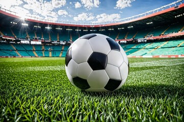 A soccer ball is on a field in front of a stadium