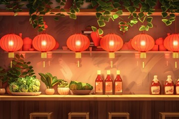illustration of a chinese restaurant with red chinese lanterns. Postcard. Background. Banner with place for text. Advertising