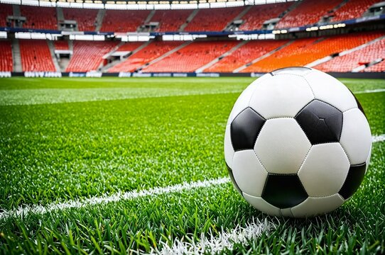 A soccer ball is on a field in front of a stadium