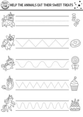 Vector handwriting practice worksheet with unicorn, llama, cat and sweet treats. Fantasy printable black and white activity for kids. Tracing game for writing skills. Magic world coloring page - obrazy, fototapety, plakaty