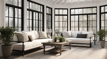 Sunroom in creamy whites and light grays plus matte black metal trim. - obrazy, fototapety, plakaty