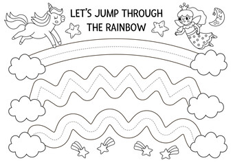 Vector handwriting practice worksheet with unicorn jumping through rainbows. Fantasy printable black and white activity for kids. Tracing game for writing skills. Magic world coloring page