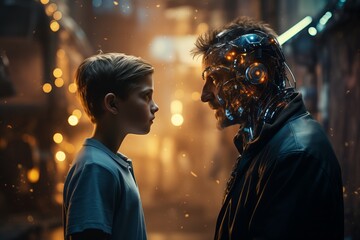 Young boy facing a robot in a fiery backdrop - obrazy, fototapety, plakaty
