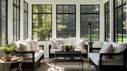 Sunroom in crisp whites and tans with black powder coated steel accents.