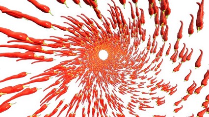 3d illustration of red hot chili peppers on white background, spiral illustranion.