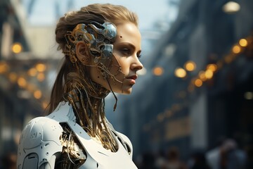 Cyber woman with golden mechanical earpiece - obrazy, fototapety, plakaty