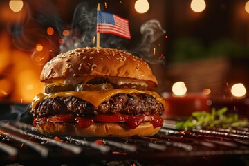 National Hamburger Month: Sizzling Hamburger on Grill with Cheese