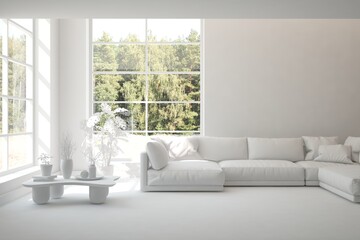 Bright interior design with modern furniture and summer landscape in window. 3D illustration - obrazy, fototapety, plakaty