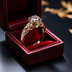 Beautiful diamond wedding ring in a red box. Golden engagement ring with a big diamond sitting in the ring box. Diamond ring with beautiful patterns and small diamonds. Unique special design, jewelry