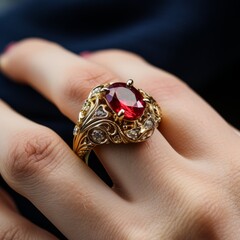 Beautiful ruby ring lying on a female hand. Red ruby cocktail ring with small diamonds, yellow gold and beautiful patterns on a female finger. Ruby ring with a unique special design, high jewelry - 760803217