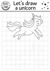 Draw the unicorn. Vector Fairytale drawing practice worksheet with cute running animal. Magic printable black and white activity for kids. Fantasy copy or complete picture coloring page. © Lexi Claus