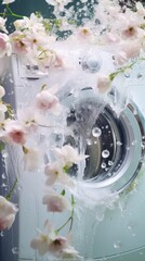 white washing machine, water drops and flowers fly and fall. freshness, tenderness and aroma.