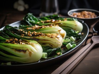 Baked bok choy or pak choi seasoned with soy sauce and roasted sesame seeds. Asian cabbage dish. gourmet lunch
