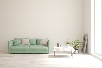 White modern interior design with sofa. Scandinavian interior design. 3D illustration
