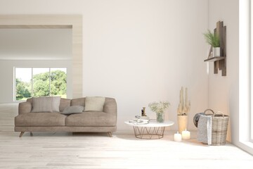 White living room with sofa. Scandinavian interior design. 3D illustration