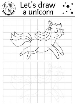 Draw the unicorn. Vector Fairytale drawing practice worksheet with cute running animal. Magic printable black and white activity for kids. Fantasy copy or complete picture coloring page.