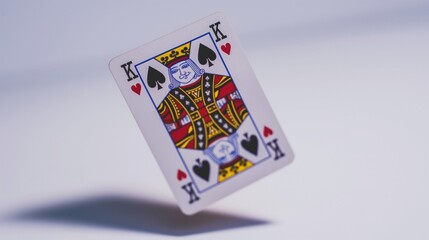 A close-up snapshot of a single poker card suspended in mid-air, its sleek design and bold colors highlighted against a pristine white background, hinting at the drama and intensity of a competitive g