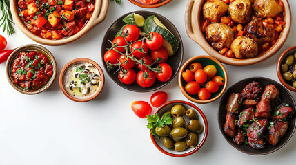 Assorted Spanish tapas in terracotta dishes with olives, meats, and toast on a white background. Flat lay food composition with herbs and spices, Mediterranean cuisine concept with copy space. Design 