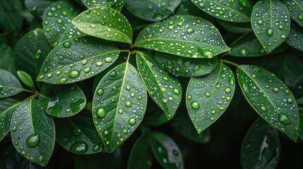 Fototapeta premium Fresh Green Leaves Covered in Water Drops