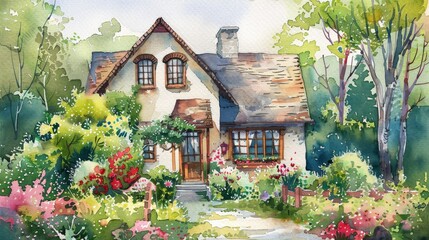 A cozy watercolor cottage surrounded by spring flowers, offering a sense of home, warmth, and the rejuvenation of nature.