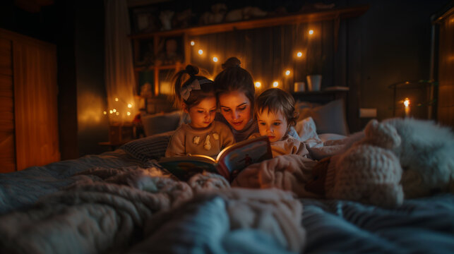 Mother reading a book to two young children at bedtime.